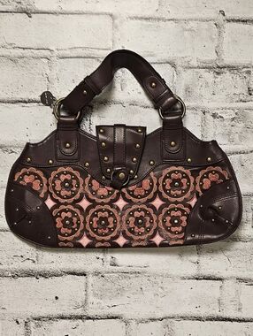 LuLu Guinness Brown Embroidered Studded Shoulder Bag Boho Y2K Floral